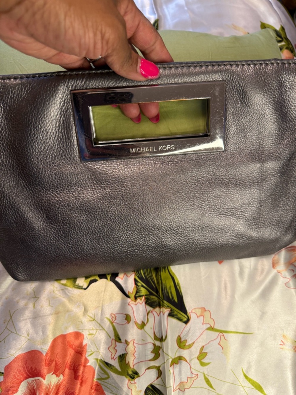 Michael Kors Metallic Leather Clutch w/ Cutout Handle – Gunmetal / Pewter/silver